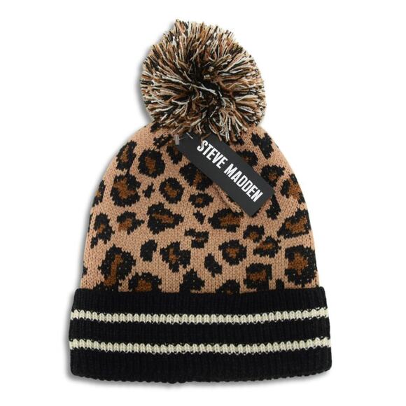 New! Steve Madden Women's Leopard Print Cuffed Pompom Beanie Knit Winter Hat - Picture 4 of 5